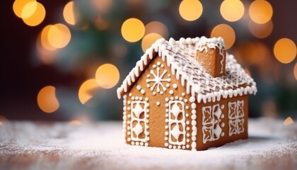 Festive Gingerbread House on Snowy Surface with Bokeh Lights