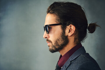 Studio background, profile and man with sunglasses for fashion, vintage or retro style with confident for gala. Male model, elegant or formal outfit for gentleman with accessory, pride or mockup