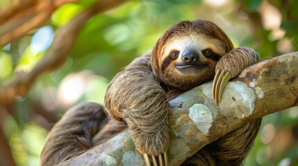 Fototapeta premium Smiling Sloth Hanging from Tree Branch in Lush Forest. World Animal Day