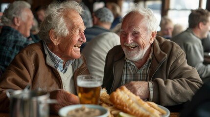 Elderly Friends Embrace Positive Vibes, Enjoy Outdoor Lunch with Laughter and Joyful Conversations in Winter Setting