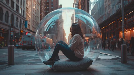 A woman peacefully meditates within a giant bubble in an urban park, embodying calm, tranquility, and inner peace