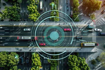 Aerial view of a busy city intersection with digital overlays indicating autonomous vehicle pathways. AIG62