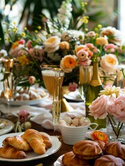 Naklejka premium A birthday brunch settingpastries, mimosas, and elegant floral decorations.