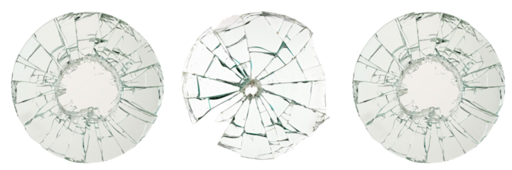set of a glass with a central round crater-like crack and radiating cracks, on transparent background 