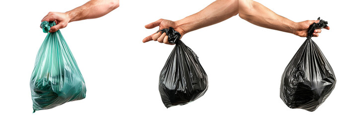 set of A hand of a man with a garbage bag, holds out  isolated on transparent background
