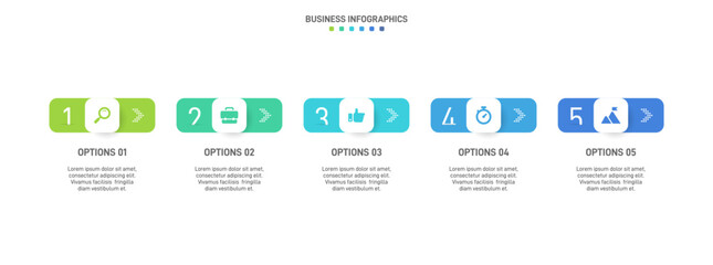 Horizontal progress bar featuring 5 arrow-shaped elements, symbolizing the five stages of business strategy and progression. Clean timeline infographic design template. Vector for presentation
