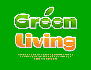 Vector modern banner Green Living. Elegant sticker Font. Trendy Alphabet Letters and Numbers.