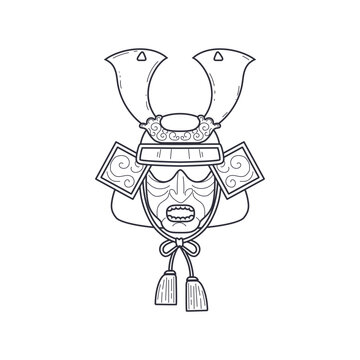 recommend clip art: Vector sketch of a samurai warrior mask in flat style.