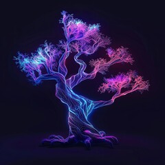 Glowing Neon Tree. Abstract Digital Art of Nature, Technology, and Magic