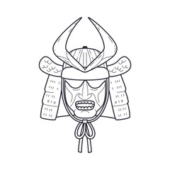 Samurai warrior mask black silhouette vector icon, oriental armor head helmet, Japanese mask with horns, Kabuki theater