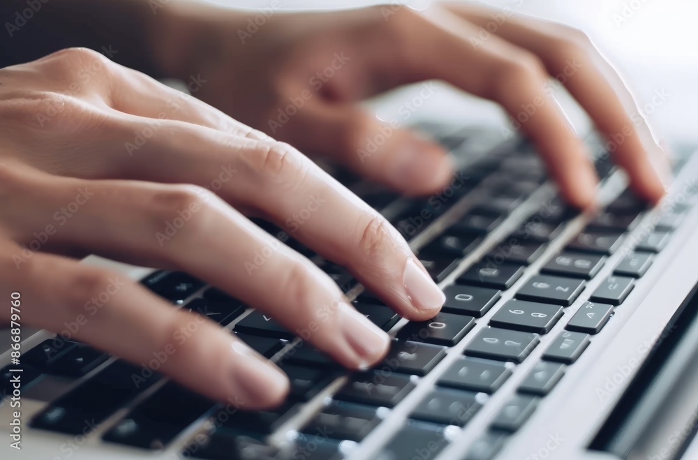 Poster closeup image of hands typing on a laptop keyboard with ambient lighting, illustrating computer work