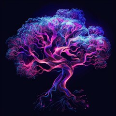 Fototapeta premium Neon glowing magical tree of life, abstract digital art illustration. Concepts. fantasy, spiritual, nature, energy, growth, power, wisdom