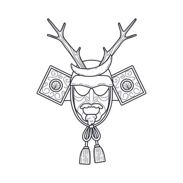 recommend clip art: Samurai warrior mask black silhouette vector icon, Japanese mask with horns, oriental armor head helmet, Kabuki theater