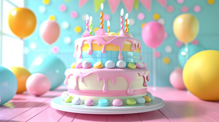 International Cake Day. birthday cake, balloons in the background. for birthday party invitations, cake shop advertisements, or children's birthday-themed content