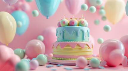 International Cake Day. birthday cake, balloons in the background. for birthday party invitations, cake shop advertisements, or children's birthday-themed content