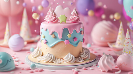 International Cake Day. pastel birthday cake with dripping icing, star-shaped decorations, and whipped cream swirls. bakeries, birthday party planning services, children&rsquo;s book
