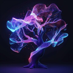 Glowing digital tree with neon lights, futuristic technology, AI, and deep learning concept