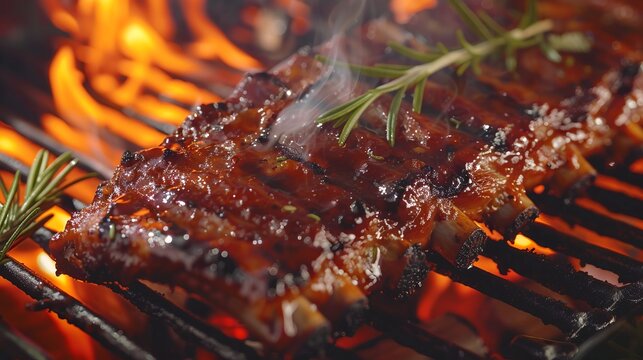 Close-up of delicious barbecue ribs with rosemary on a grill. Perfect for BBQ and food-related content. High-quality, appetizing visual ideal for recipe blogs, culinary magazines, and cookbooks. AI