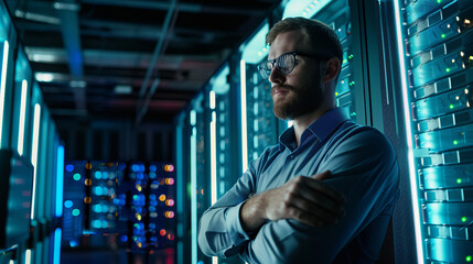 System Administrator Day. server engineer inspecting racks of servers with a serious expression, highlighting the complexity and importance of IT roles. IT, engineering, and technology
