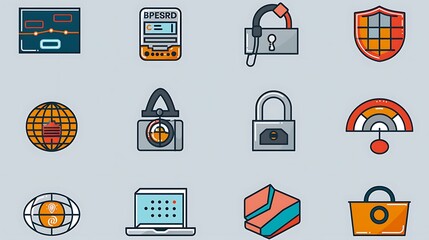 Set of graphic resources cybersecurity awareness including icons representing data protection encryption firewall security phishing prevention suitable IT security blogs and online safety campaigns