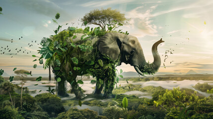 Fototapeta premium World Nature Conservation Day. elephant adorned with green foliage stands in a surreal landscape, blending nature and wildlife. environmental awareness, fantasy art