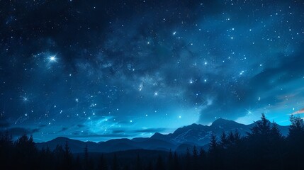 Fototapeta premium Under a clear night sky, a bright star stands out among constellations, set against a deep blue backdrop with scattered clouds and silhouetted trees or mountains, creating a serene atmosphere.