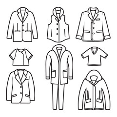 kid&rsquo;s Clothing editable stroke outline icons set. Overcoat, blazer, shirts, sweater, t-shirts, pant, trousers, hoodie and vest. Vector illustration