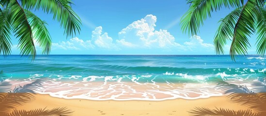 Tropical beach setting with ocean waves, sandy shore, and palm tree silhouettes - vacation backdrop. Tourism and seaside getaway, empty space for writing.