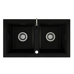 Modern black double kitchen sink with dual stainless steel drains and sleek faucet - top view, elegant home design cut out png on transparent background