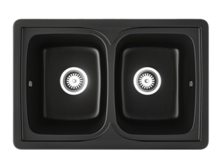 Modern black double kitchen sink with sleek design and stainless steel drains, perfect for contemporary kitchens cut out png on transparent background