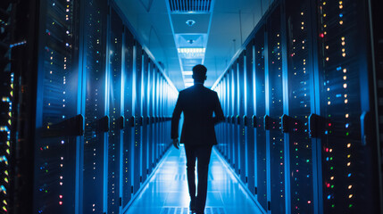 System Administrator Day. person walking through a brightly lit server room. rows of servers, advanced technology infrastructure and the importance of data management