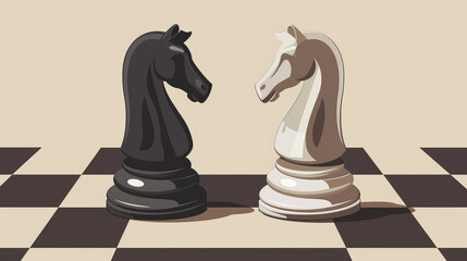 International Chess Day .black and white chess knight piece face each other on chess board in a minimalist setup, symbolizing strategy and competition. chess, strategy games, or decision-making