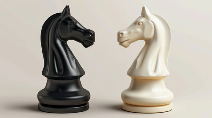 International Chess Day. black and white chess knight piece face each other in a minimalist setup, symbolizing strategy and competition. chess, strategy games, or decision-making concepts