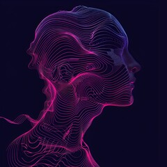 Abstract 3D wireframe portrait of a human head on a dark background. Concept of artificial intelligence, technology, digital art, and consciousness.