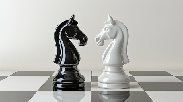 International Chess Day .black and white chess knight piece face each other on chess board in a minimalist setup, symbolizing strategy and competition. chess, strategy games, or decision-making