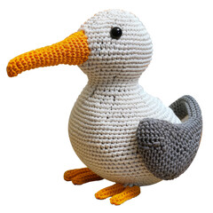 Handcrafted Amigurumi Seagull Toy - Crocheted Bird Plush with Orange Beak and Grey Wings, Ideal for Kids and Decor cut out png on transparent background