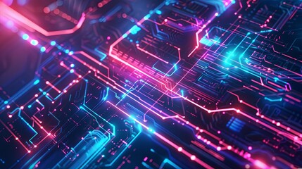 Obraz premium Abstract background with glowing neon lines moving through futuristic circuit board. Concept of technology, cyberspace, digital network, and data flow