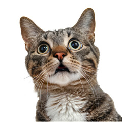 Surprised Tabby Cat with Wide Eyes and Open Mouth - Close-up of a Shocked Feline Expression cut out png on transparent background