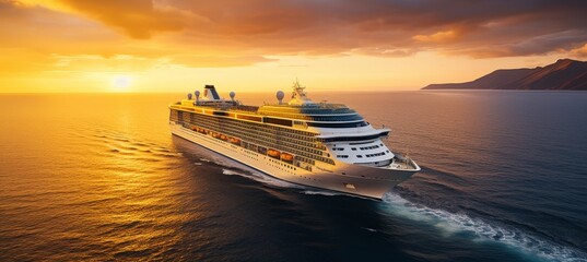 Luxury cruise ship in mediterranean sea at sunset, top quality liner for luxury tourism, aerial view