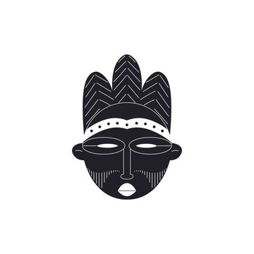 recommend clip art: Tribal mask black line art icon, African carved wooden mask with ornament, vector outline face ethnic aborigine totem