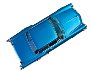 Top view of a vintage blue classic car with chrome details cut out png on transparent background