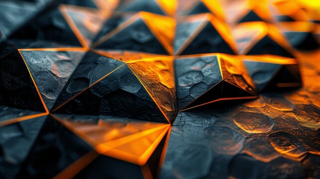 A polished, futuristic background consisting of black and gold triangular tiles arranged in a geometric pattern for a sleek, modern look. The 3D rendering shows the tiles creating a textured