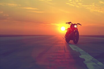Obraz premium A Harley-Davidson motorcycle parked on an asphalt road during sunset. The scene features vibrant colors of the setting sun casting shadows and a serene ambiance. AI-generated.