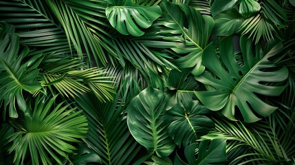 Overhead view of lush tropical palm leaves laid out flat