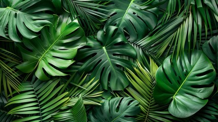 Overhead view of lush tropical palm leaves laid out flat