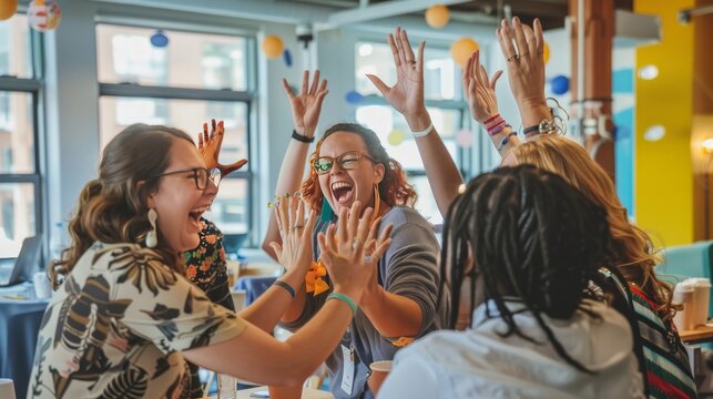 A group of enthusiastic employees organize a fundraiser event to support education for children in developing countries