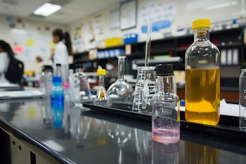 A vibrant classroom scene with students interacting with teachers and peers, reading, listening to lectures, participating in discussions, working on science projects, and doing math and homework.