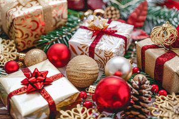 Elegant Christmas presents with red and gold decorations