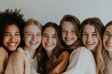 Fototapeta premium A group of women standing together and posing for a photo, smiling and looking at the camera. The background is neutral, emphasizing the subjects.