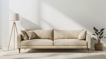 A beige couch sits in front of a blank white wall in a simple living room. A lamp is nearby.